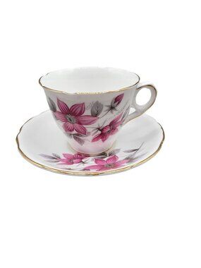 Royal Kent Staffordshire England Tea Cup Saucer Set Pink Gray Bone China
